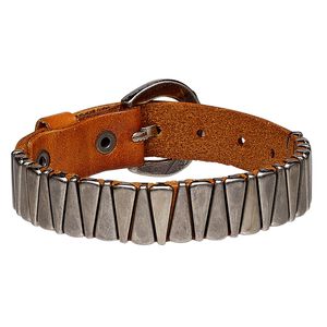 Bracelet, leather (dyed) with antique silver-plated steel and brass, tan, 15mm wide with triangle design, adjustable from 5-1/2 to 7 inches with buckle-style closure. Sold individually.