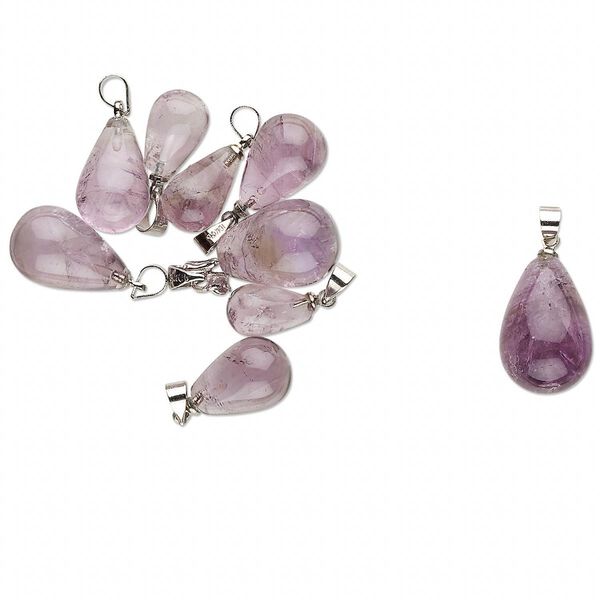 Amethyst / pewter (tin-based alloy) 1pkg10, imitation rhodium-finished teardrop pendant natural mix 20x7mm-29x14mm image number 0