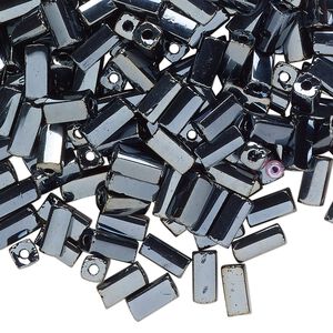 Bugle bead, glass, opaque gunmetal, 7x3mm square tube. Sold per 50-gram pkg, approximately 800 beads.