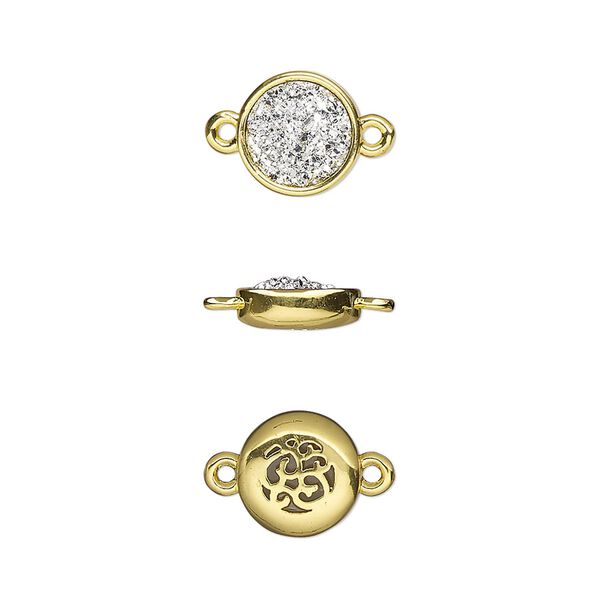 Link, Druzylite™, "druzy" (resin) and gold-finished brass, silver, 9.5mm two-sided round with open filigree back. Sold per pkg of 4. image number 0