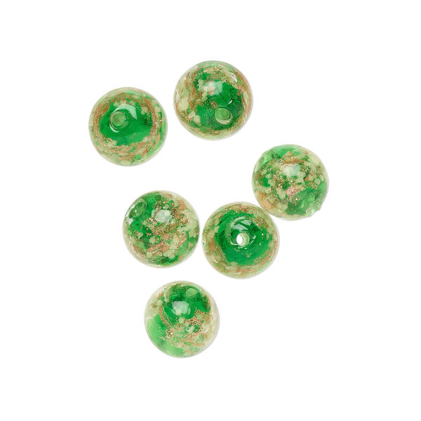 Bead, lampworked glass, clear / green / glow-in-the-dark / gold, 12mm round. Sold per pkg of 6. image number 0