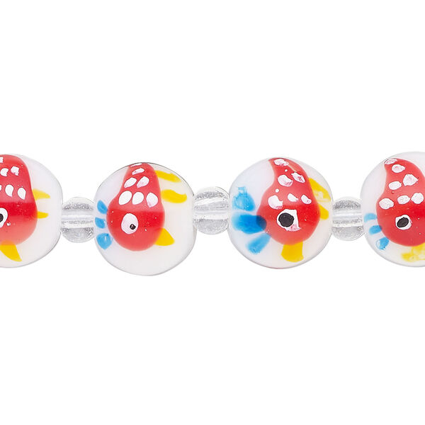 Bead, glass 1pkg8, multicolored, 12mm round with hand-painted fish. image number 0