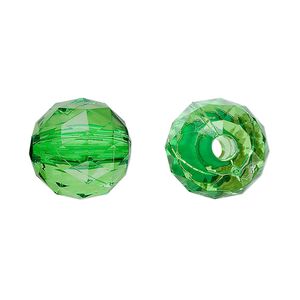 Bead, acrylic, green, 15mm faceted round. Sold per 100-gram pkg, approximately 50 beads.