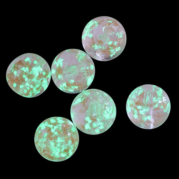 Bead, lampworked glass, clear / pink / glow-in-the-dark / gold, 12mm round. Sold per pkg of 6. image number 1