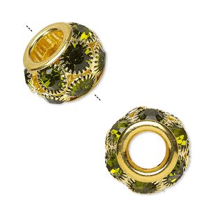 Bead, Egyptian glass rhinestone and gold-finished "pewter" (zinc-based alloy), light green, 18x12mm rondelle with 8mm hole. Sold individually.