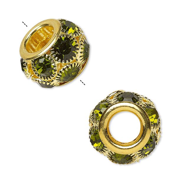 Bead, Egyptian glass rhinestone and gold-finished "pewter" (zinc-based alloy), light green, 18x12mm rondelle with 8mm hole. Sold individually. image number 0