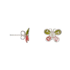 Earstud, enamel and sterling silver, green and pink, 11x8mm butterfly with post. Sold per pair.