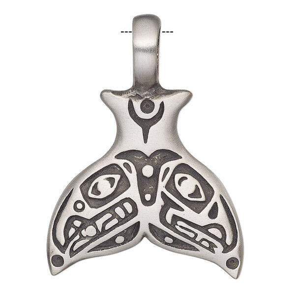 Pendant, Powerful Pewter Pendants. antiqued pewter (tin-based alloy), 40x30mm single-sided whale tail with 6mm hole. Sold individually. image number 0