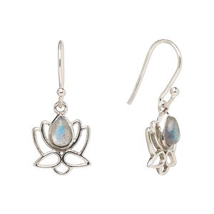 Earring, Create Compliments®, antiqued sterling silver and labradorite (natural), fishhook, 26.5mm with 12mm single-sided open lotus, 21 gauge. Sold per pair.