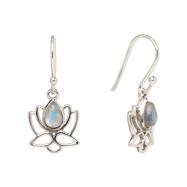 Earring, Create Compliments®, antiqued sterling silver and labradorite (natural), fishhook, 26.5mm with 12mm single-sided open lotus, 21 gauge. Sold per pair. image number 0