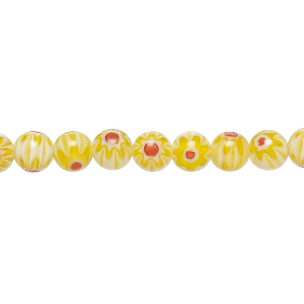 Bead, millefiori glass 1pkg1, translucent yellow-orange / red / white, 6mm round, 15 inches. image number 0