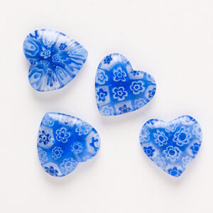 Bead, millefiori glass, pkg/4, translucent clear/white/cobalt blue, 18-20mm half-drilled puffed heart.