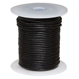 Cord, leather (dyed), black, 2mm round. Sold per 25-yard spool.
