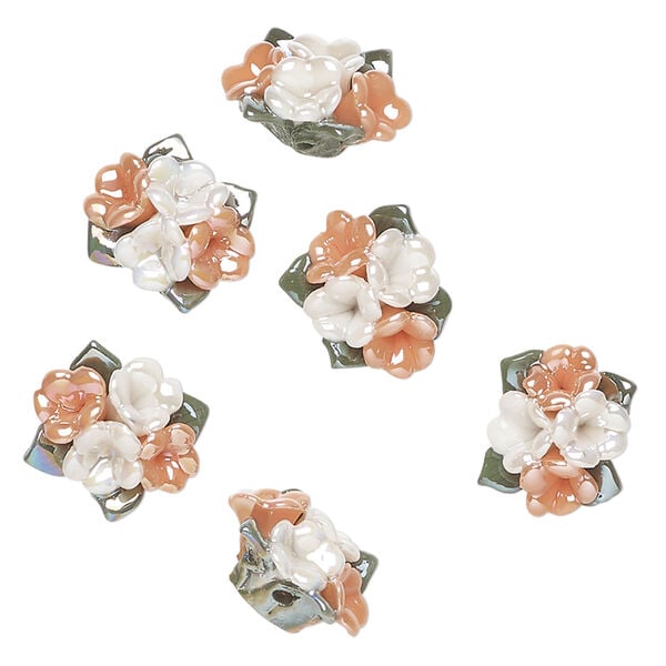 Bead 1pkg6 porcelain, metallic green / white / peach, 19x15mm-20x16mm flower cluster. image number 0
