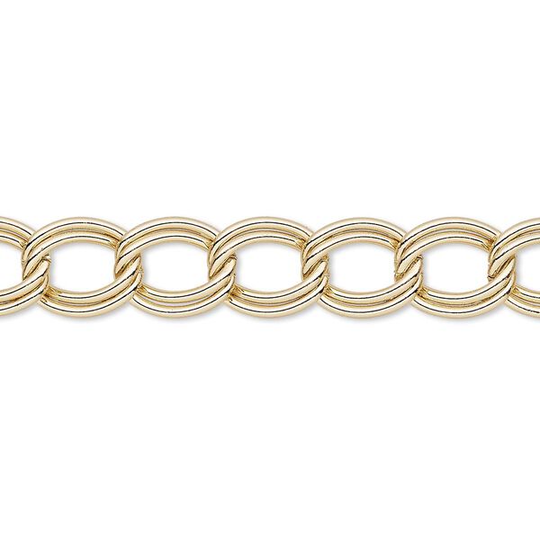 Chain, gold-finished steel, 8mm double curb. Sold per pkg of 5 feet. image number 0