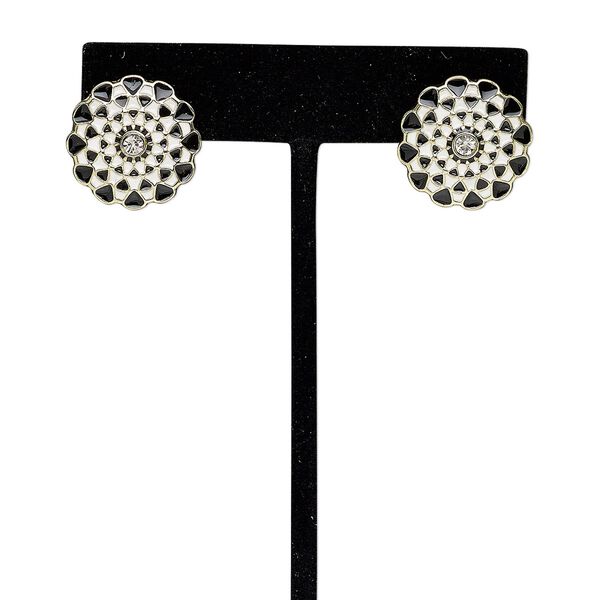 Earstud, glass rhinestone with gold-finished steel and "pewter" (zinc-based alloy), black / white / clear, 20mm flower with post. Sold per pair. image number 0