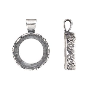 Pendant, JBB Findings, antique silver-plated brass, 25x18mm round with open back and flower and leaf design trim, 16mm round bezel setting. Sold per pkg of 2.
