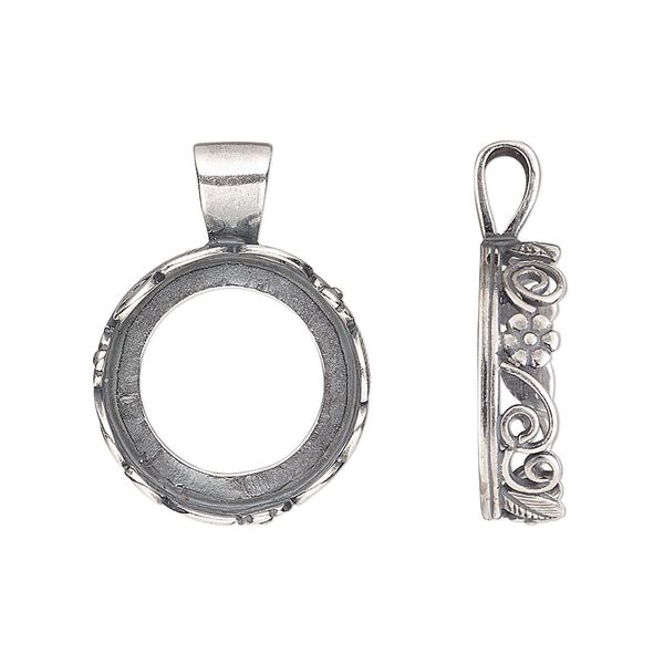 Pendant, JBB Findings, antique silver-plated brass, 25x18mm round with open back and flower and leaf design trim, 16mm round bezel setting. Sold per pkg of 2. image number 0