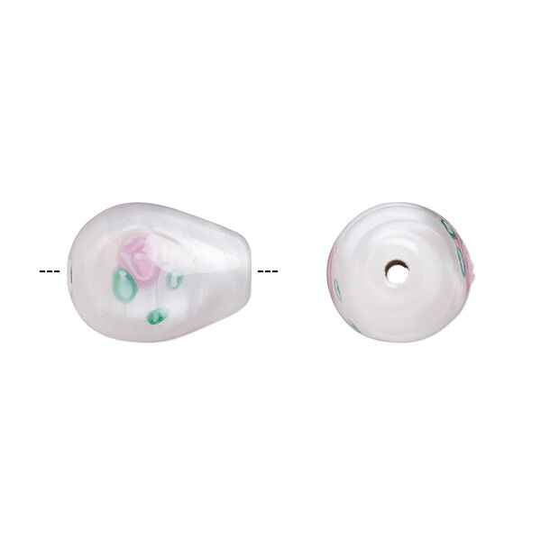 Bead, Czech lampworked glass, opaque white / pink / green, 14x10mm-15x11mm teardrop with flower design. Sold per pkg of 2. image number 0