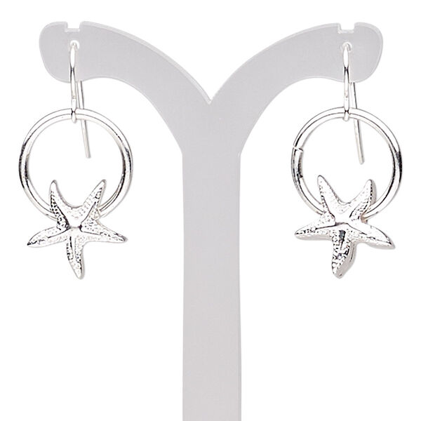 Earring, silver-plated steel and "pewter" (zinc-based alloy), 32mm with open round and starfish with fishhook ear wire. Sold per pair. image number 0