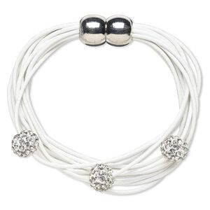 Bracelet, 10-strand, leather (dyed) / glass rhinestone / silver-plated "pewter" (zinc-based alloy), white and clear, 10mm round, 6 inches with magnetic clasp. Sold individually.