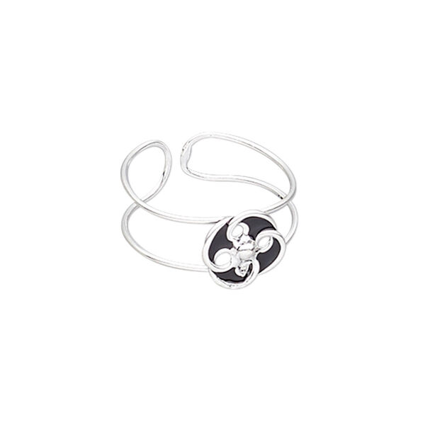 Ring, enamel and silver-plated brass, black, 9mm wide with 9mm flower, adjustable. Sold individually. image number 0