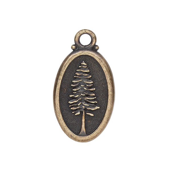Charm, TierraCast®, antique brass-plated pewter (tin-based alloy), 26x16mm 2-sided oval with redwood and "Not all those who wander are lost." Sold individually. image number 0