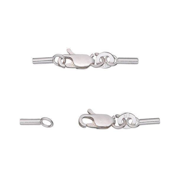 Clasp, lobster claw, sterling silver, 28x5mm overall with 10x5mm clasp and (2) 5x2mm cord ends, 1mm inside diameter. Sold individually. image number 0
