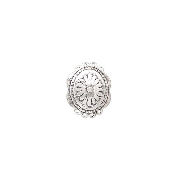 Drop, antiqued sterling silver, pkg/1, 13.75x11mm single-sided domed oval with flower design. image number 0