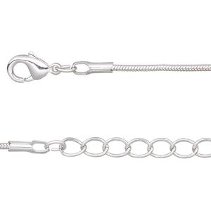 Chain, silver-plated brass, 1.5mm snake, 18 inches with 1-inch extender chain and lobster claw clasp. Sold per pkg of 4.