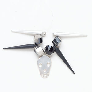 Bead and drop assortment 1pkg9, silver- and black-finished "pewter" (zinc-based alloy) / steel / glass, 9mm faceted helix bead / 20x13mm skull / 29x5mm top-drilled spike.