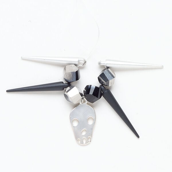 Bead and drop assortment 1pkg9, silver- and black-finished "pewter" (zinc-based alloy) / steel / glass, 9mm faceted helix bead / 20x13mm skull / 29x5mm top-drilled spike. image number 0