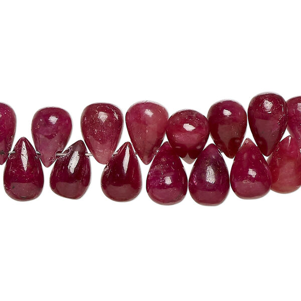 Bead, Indian ruby (dyed), medium-dark, 9x5mm-11x7mm hand-cut top-drilled teardrop, B- grade, Mohs hardness 9. Sold per 8-inch strand, approximately 65 beads. image number 0