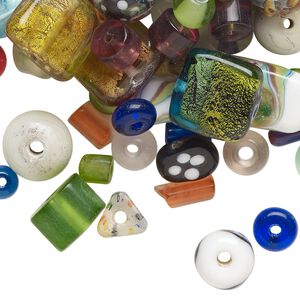 Bead mix, lampworked glass, opaque and translucent mixed colors, 7x5mm - 20mm mixed shapes. Sold per 4-ounce pkg, approximately 70 beads.