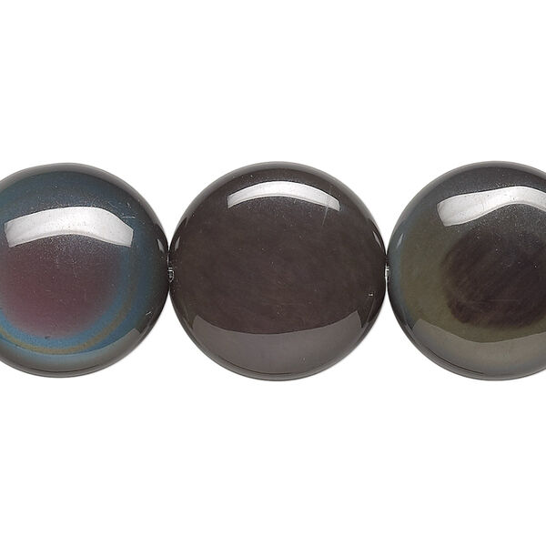Bead, rainbow obsidian (natural), 18mm flat round, A- grade, Mohs hardness 5 to 5-1/2. Sold per 8-inch strand, approximately 10 beads. image number 0