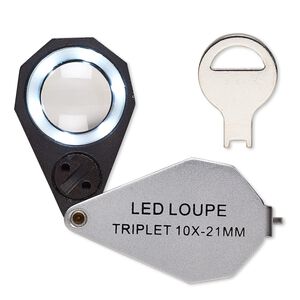 Loupe, Grobet USA®, 10x power with light, glass / steel / plastic / imitation leather, black, 3-1/4 x 1 inches open. Sold individually.