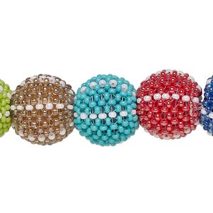Bead, glass, opaque multicolored, 13mm round with thin horizontal stripe design. Sold per pkg of 12.