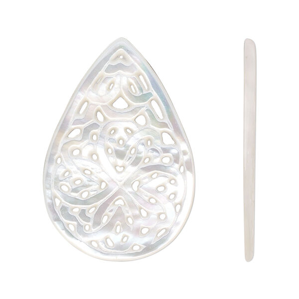 Focal, mother-of-pearl shell (bleached), 33x22mm undrilled carved teardrop with cutout design, Mohs hardness 3-1/2. Sold individually. image number 0