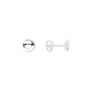 Earstud 1pkg10 sterling silver, 6mm cup / 6-7mm round glue-in setting / earnuts, 5 pair