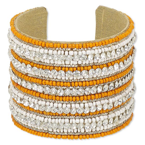 Bracelet, cuff, cotton / glass / glass rhinestone / steel, multicolored, 54mm wide with stripe design, adjustable from 7 to 7-1/2 inches. Sold individually. image number 0