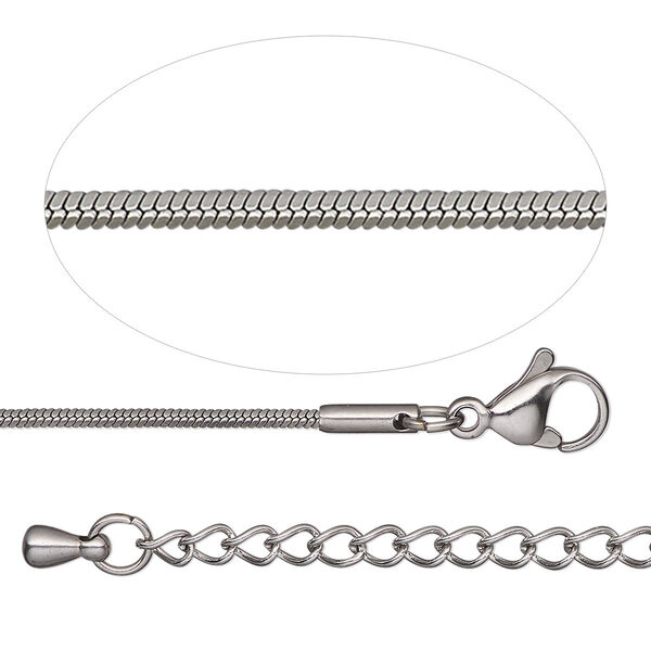 Chain, stainless steel, 1mm square snake, 18 inches with 2-inch extender chain and lobster claw clasp. Sold individually. image number 0