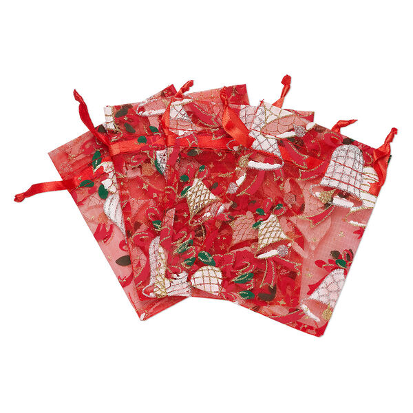 Pouch, organza, multicolored with glitter, 4-3/4 x 3-1/2 inches with bell pattern and drawstring closure. Sold per pkg of 4. image number 0
