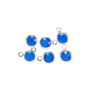 Drop, glass rhinestone and silver-finished brass, sapphire blue, 6-6.5mm faceted round. Sold per pkg of 6.
