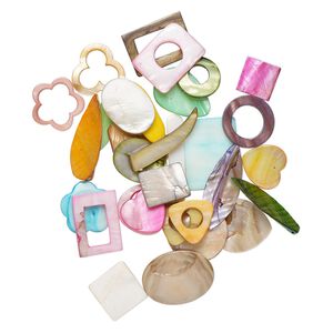 Bead mix, mother-of-pearl shell (dyed), mixed colors, 20x16mm-49x30mm mixed shapes with 0.6-0.8mm hole, Mohs hardness 3-1/2. Sold per 5-ounce pkg, approximately 30-35 beads.