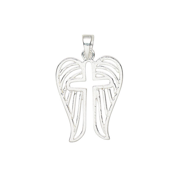 Pendant, sterling silver, 21x17mm single-sided wings with cutout cross. Sold individually. image number 0