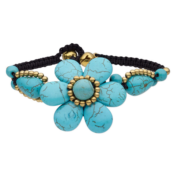 Magnesite / brass / waxed cotton cord 1pkg1, brass-plated bells / bracelet / adjustable 6.5-7 inch / button clasp / 40mm wide image number 0