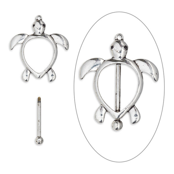 Focal, bead pin, enamel / antique silver-finished brass / "pewter" (zinc-based alloy), black, 47.5x41.5mm single-sided turtle with twist-off top, 24.5mm beadable length. Sold individually. image number 0
