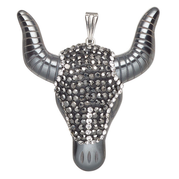 Pendant Hemalyke™ brass glass epoxy 1pk 46x40mm steer, Everyday Jewelry silver finish clear black image number 0