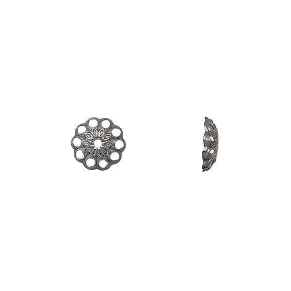 Bead cap, gunmetal-plated brass, stamped, 8x2mm fancy round with cutout diamond pattern, fits 8-10mm bead. Sold per pkg of 100. image number 0