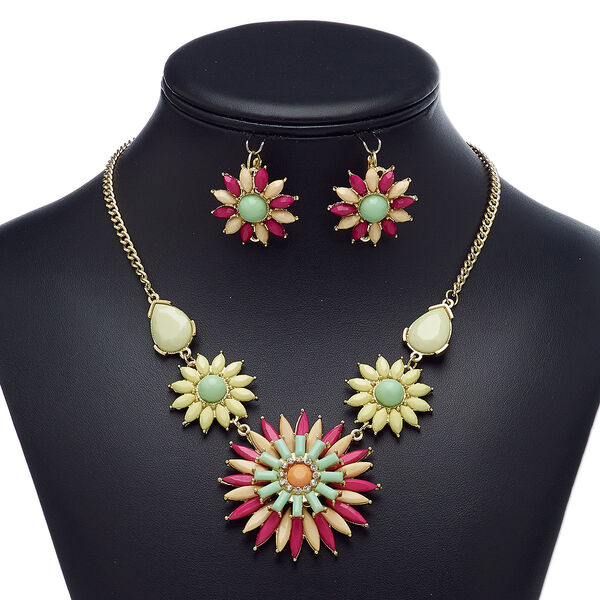 Necklace and earring set, acrylic rhinestone / acrylic / glass rhinestone / gold-finished brass / steel / "pewter" (zinc-based alloy), multicolored, 50x50mm flower, 18-inch necklace with 3-inch extender chain and lobster claw clasp, 29mm earrings with flower and leverback ear wire. Sold per set. image number 0
